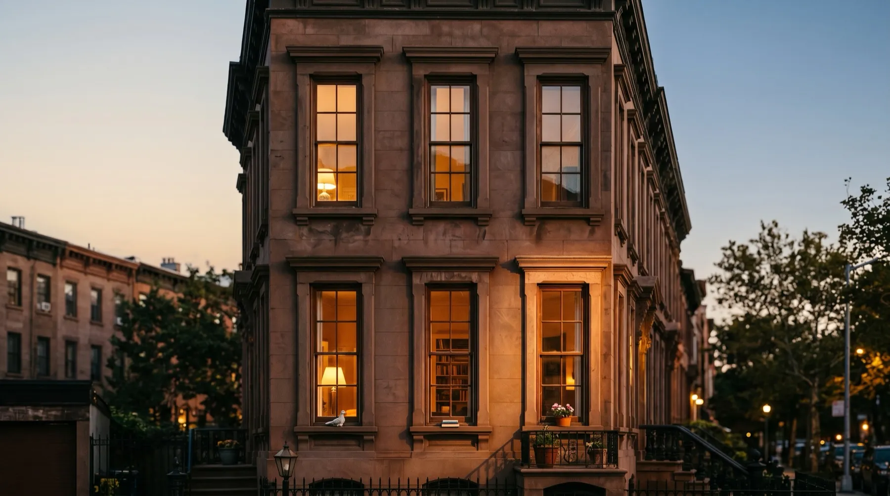 A brownstone building at dusk with warmly lit windows